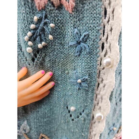 Vintage Koret Pastel Blue Cotton Crochet Floral Granny Sweater Vest S 3810 - Picture 9 of 10